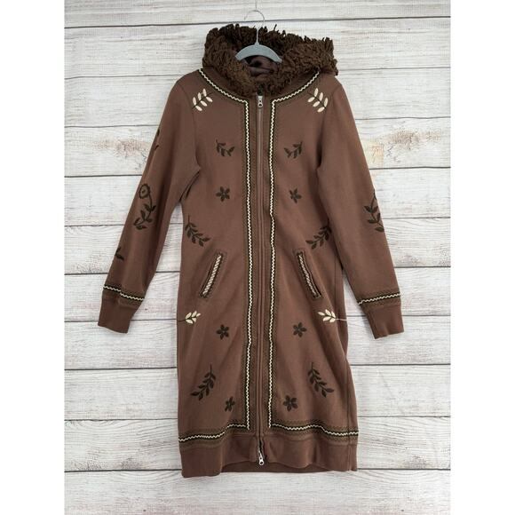 Lucky Brand Embroidered Faux Fur Trim Hoodie Duster Dress Womens Small Brown - Picture 1 of 12